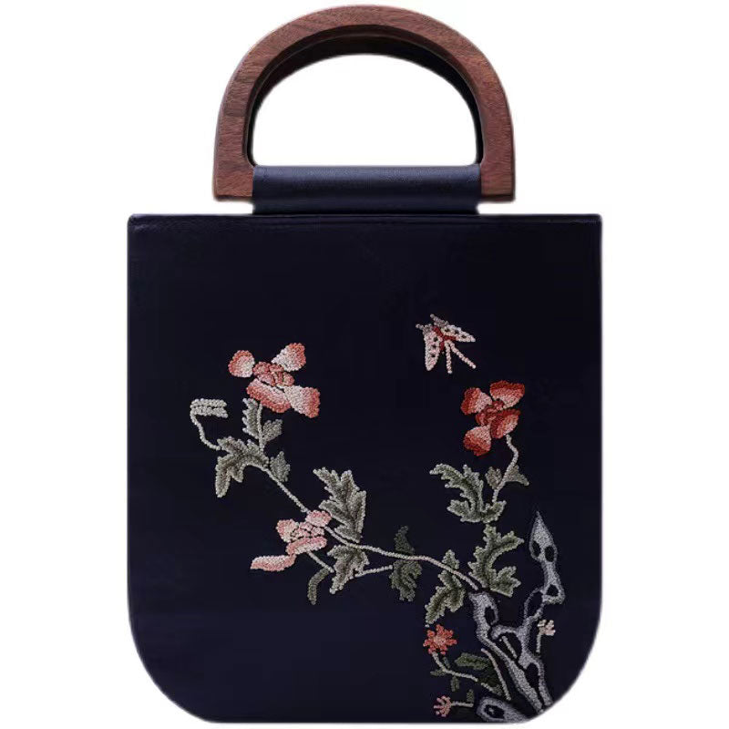 Sac à main en soie brodé de style chinois rétro avec poignée en bois