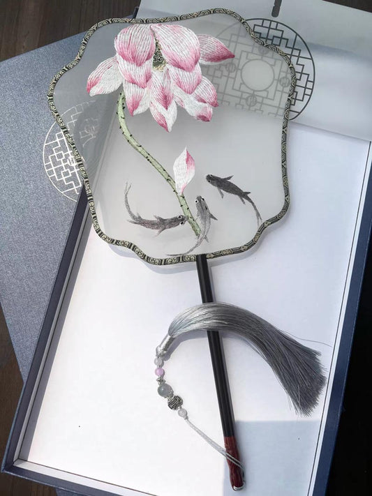 BlueDail Traditional Chinese Fashion Single Side Embroidered Koi Fish in Lotus Pond Handheld Decorative Fan-01