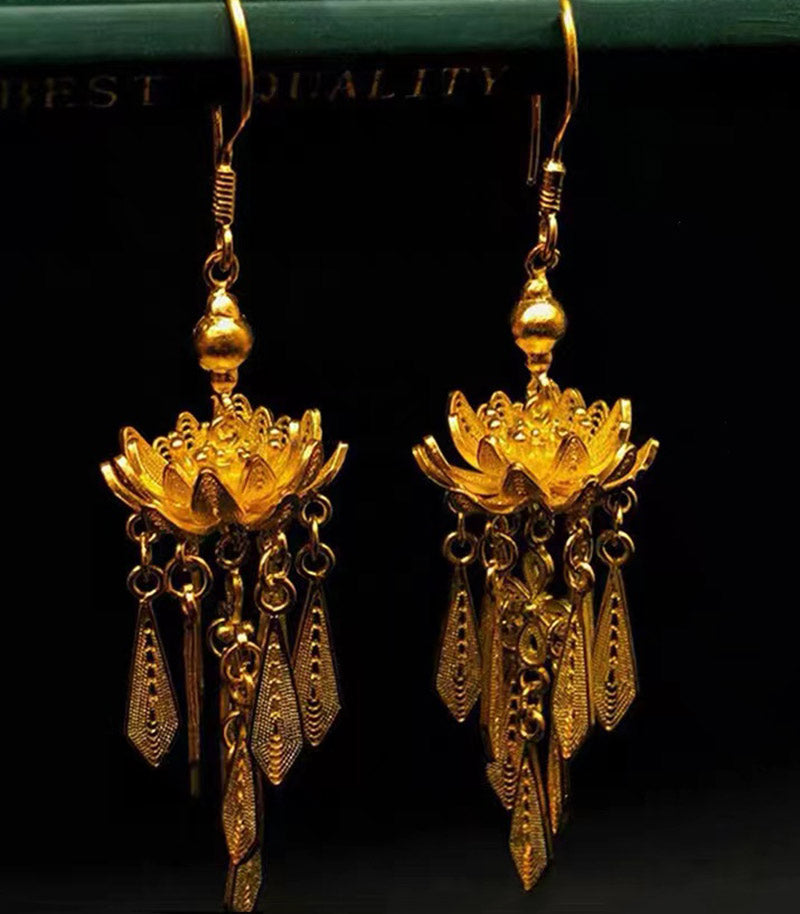 Boucles d'oreilles en filigrane de fleur de lotus vintage pour femmes en argent sterling 999 fabriquées à la main