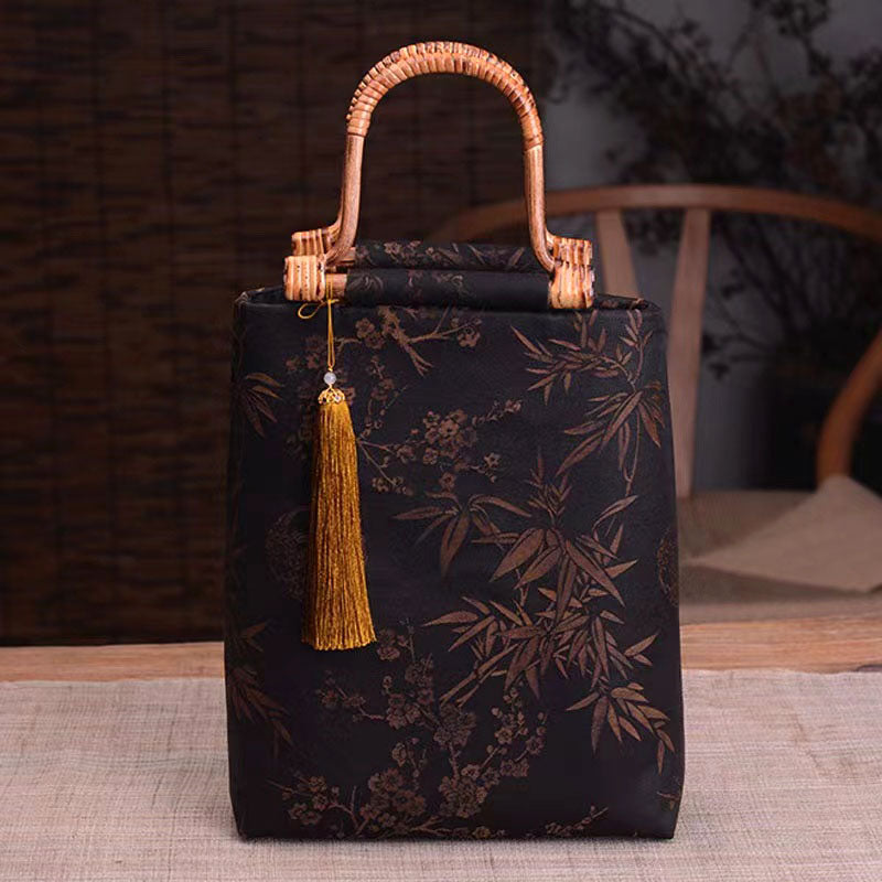 Sac fourre-tout avec poignée en bois fait à la main, style chinois rétro, imprimé bambou et prune