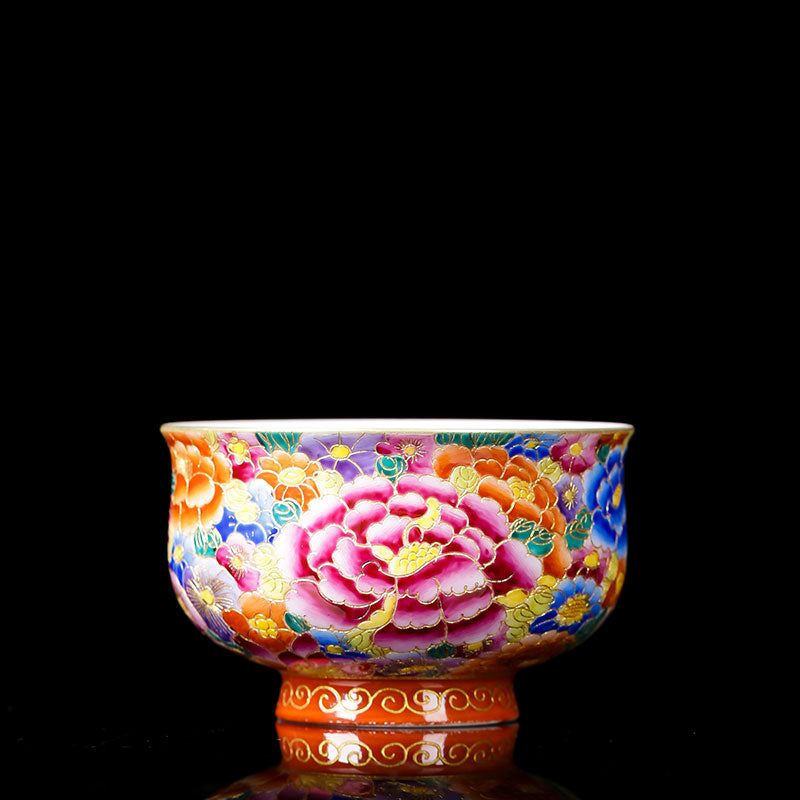 Jingdezhen Antique Cloisonné Enamel Painting Blooming Flowers Porcelain Tea Cup