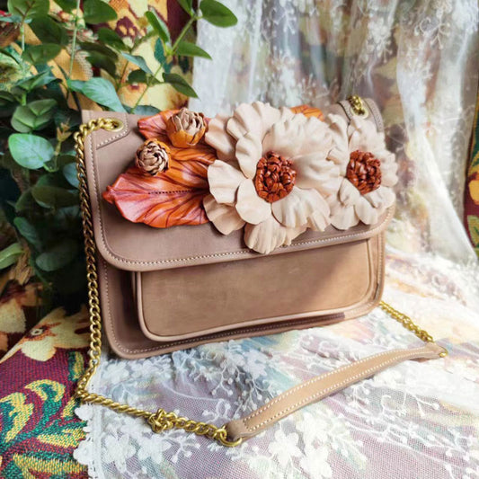 Sac messager en cuir fait à la main avec grappes de fleurs vintage pour femme