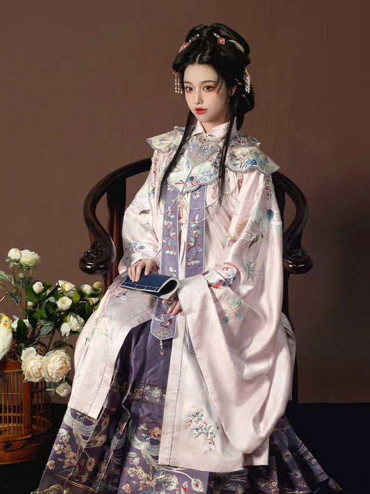 Pink Flowers and Birds Embroidered Hanfu Clothing Horse Face Skirt Daily Wear-02