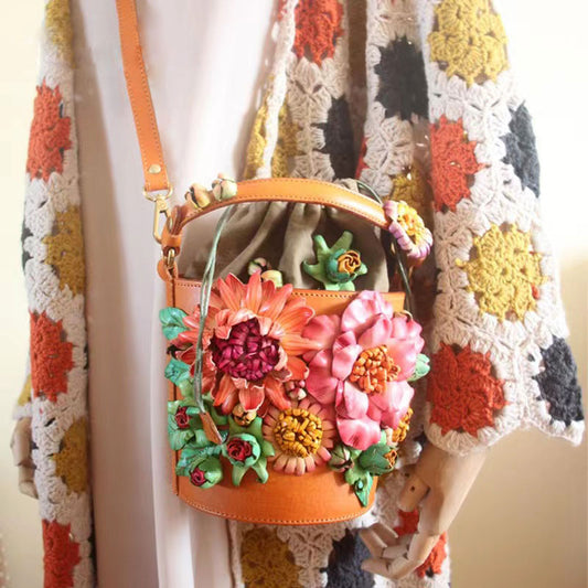 Sac à main en cuir fait à la main avec grappes de fleurs tridimensionnelles vintage, sac seau pour femmes