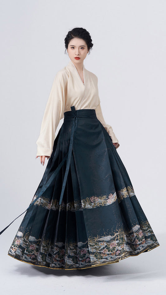 Fleur de lotus en fleurs dans la nuit dorée au clair de lune - Jupe Hanfu Mamianqun