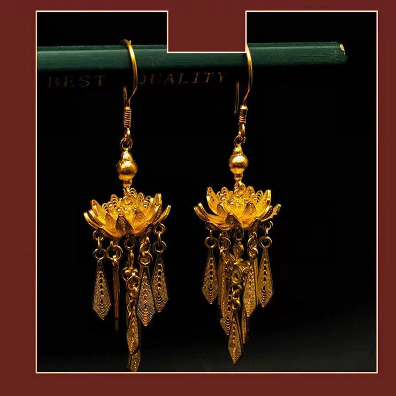 Boucles d'oreilles en filigrane de fleur de lotus vintage pour femmes en argent sterling 999 fabriquées à la main