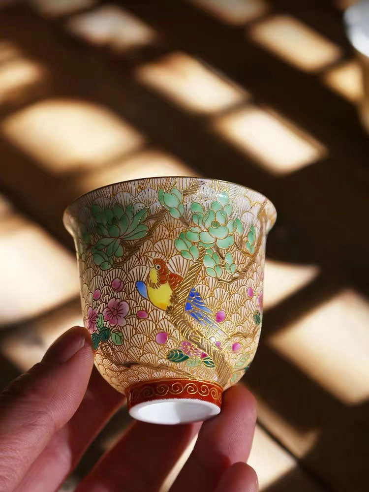 Retro Qing Dynasty Royal Style Cloisonné  Enamel Teacup with Magpie and Apricot Blossom