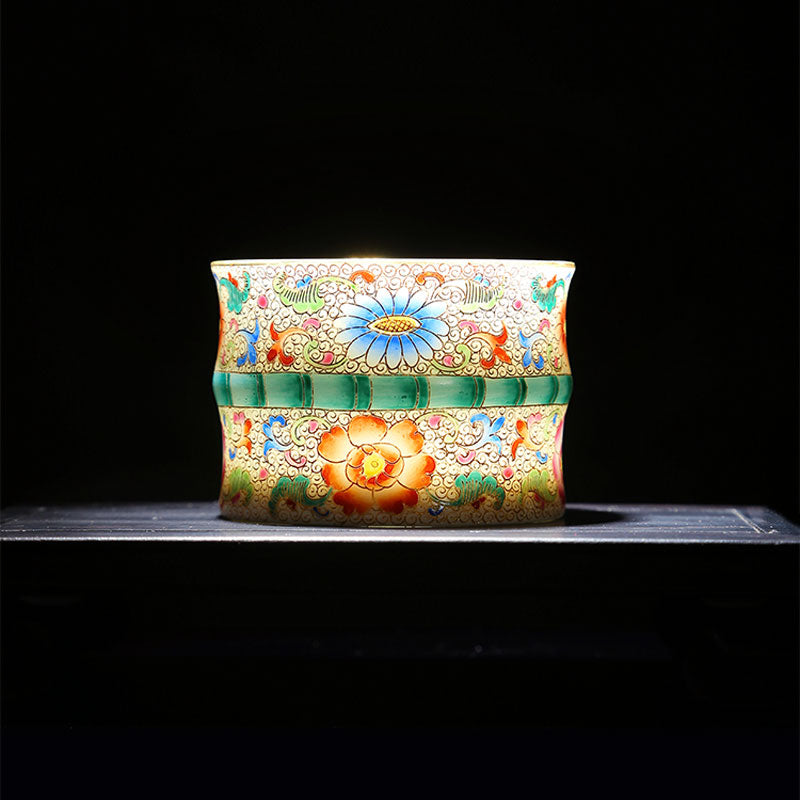 Cloisonné Enamel Hand-painted Ceramic Kung Fu Teacup Bu Bu Gao「rich and noble」Bamboo Tea Cup