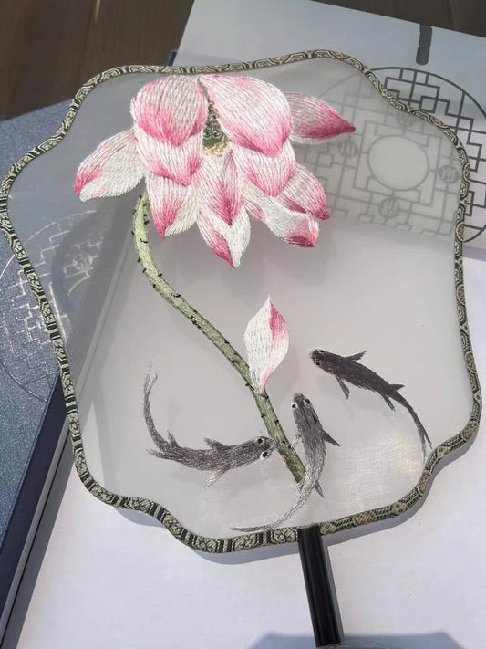 BlueDail Traditional Chinese Fashion Single Side Embroidered Koi Fish in Lotus Pond Handheld Decorative Fan-02