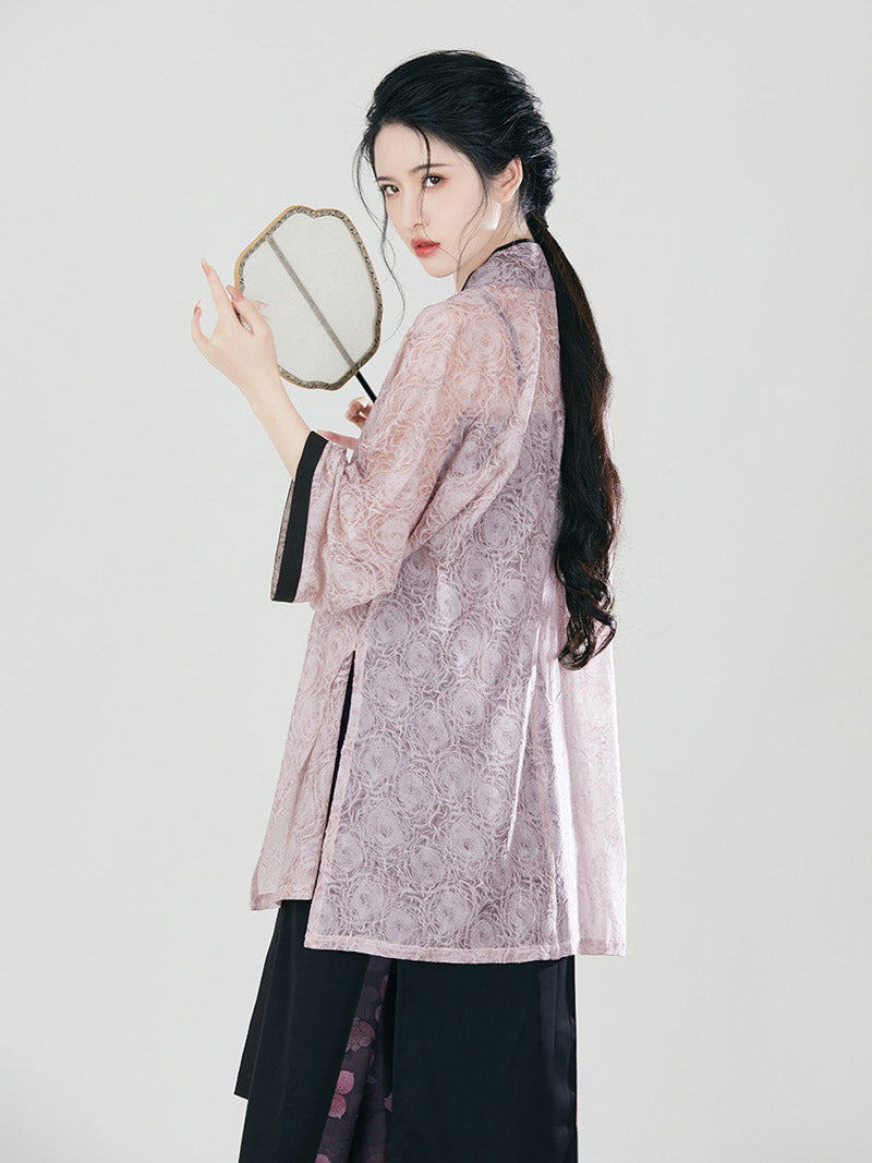 Song Style Pink and Black Morden Chinese Hanfu Set Peach Blossom Floral Print Skirt Set-04