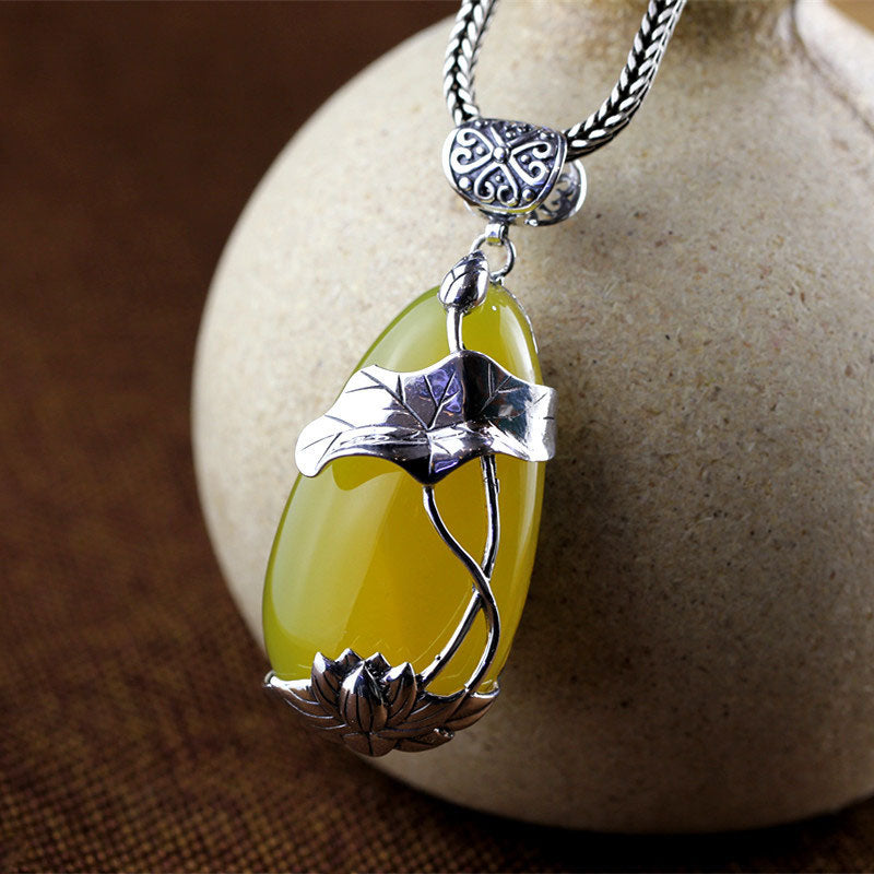 Vintage Silve Filigree Lotus and Koi Fish Chalcedony Inlay Pendant Necklace-04