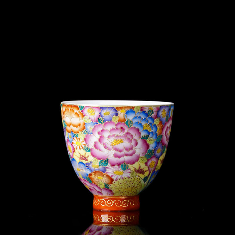Jingdezhen Antique Cloisonné Enamel Painting Blooming Flowers Porcelain Tea Cup