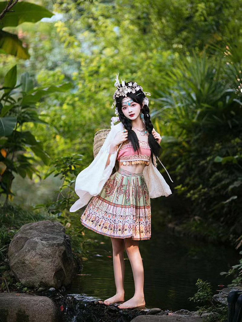 Girl Picking Water Chestnut in the River - Morden Miao Ethnic Minority Hanfu Skirt Set-04
