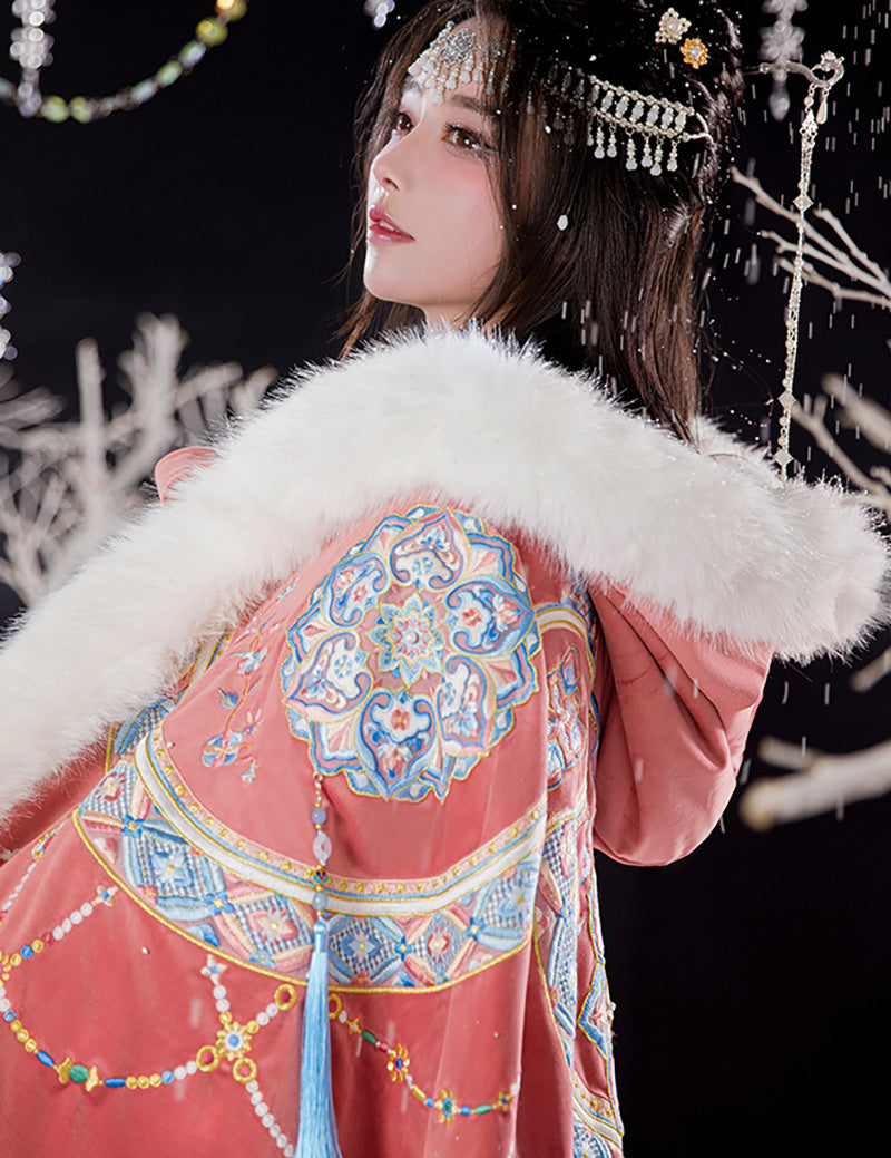 Bluedail Dunhuang Caisson Pattern Embroidery Fall and Winter Long Fleece Hooded Warm Cloak with Artificial Large Fur Collar-03