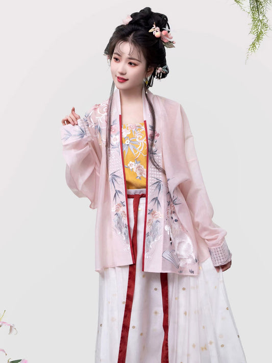 Feuilles de bambou, fleurs et broderie de chat, ensemble Hanfu rose décontracté