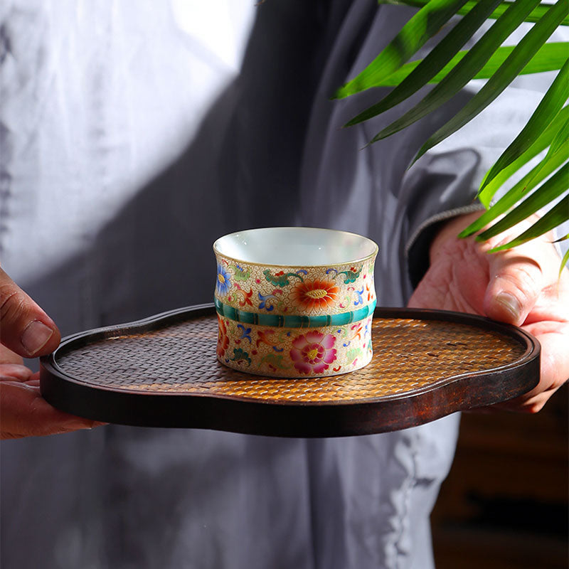 Cloisonné Enamel Hand-painted Ceramic Kung Fu Teacup Bu Bu Gao「rich and noble」Bamboo Tea Cup