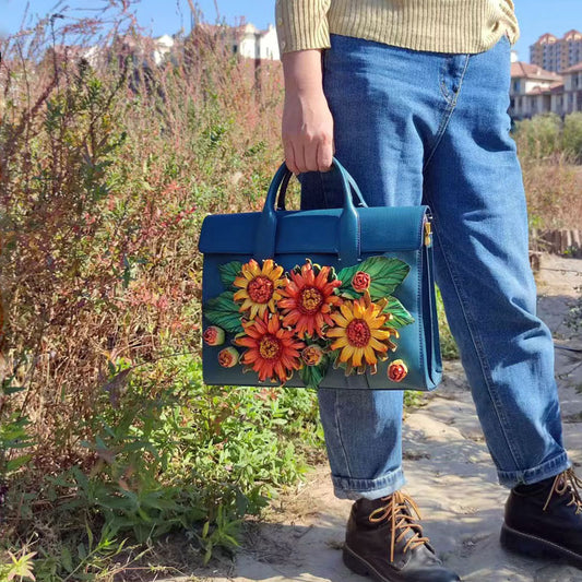 Sac à main en cuir pour femmes, fait à la main, Vintage, décontracté, grappes de fleurs de tournesol