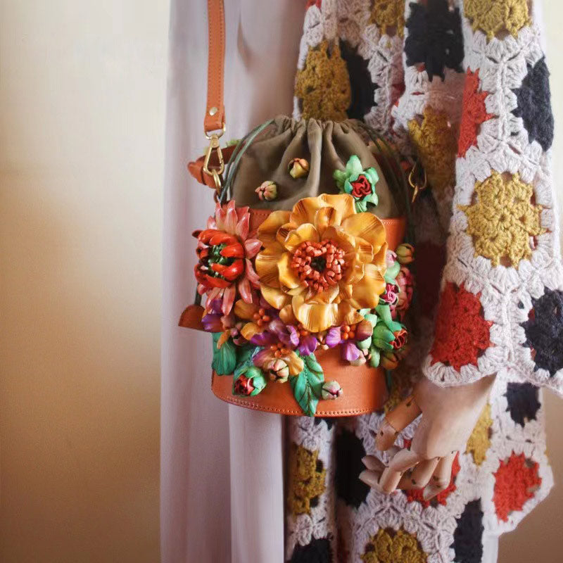 Vintage Three-Dimensional Flower Cluster Style Pure Handmade Cowhide Artistic Ladies Flowers Handbag Bucket Bag