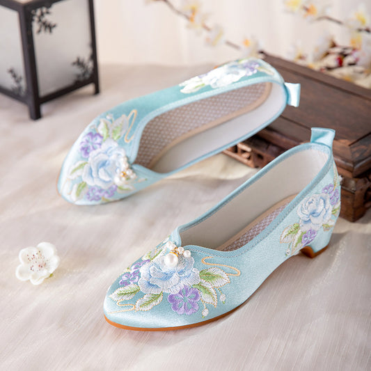 Escarpins pour femmes à talons bas brodés de fleurs vintage