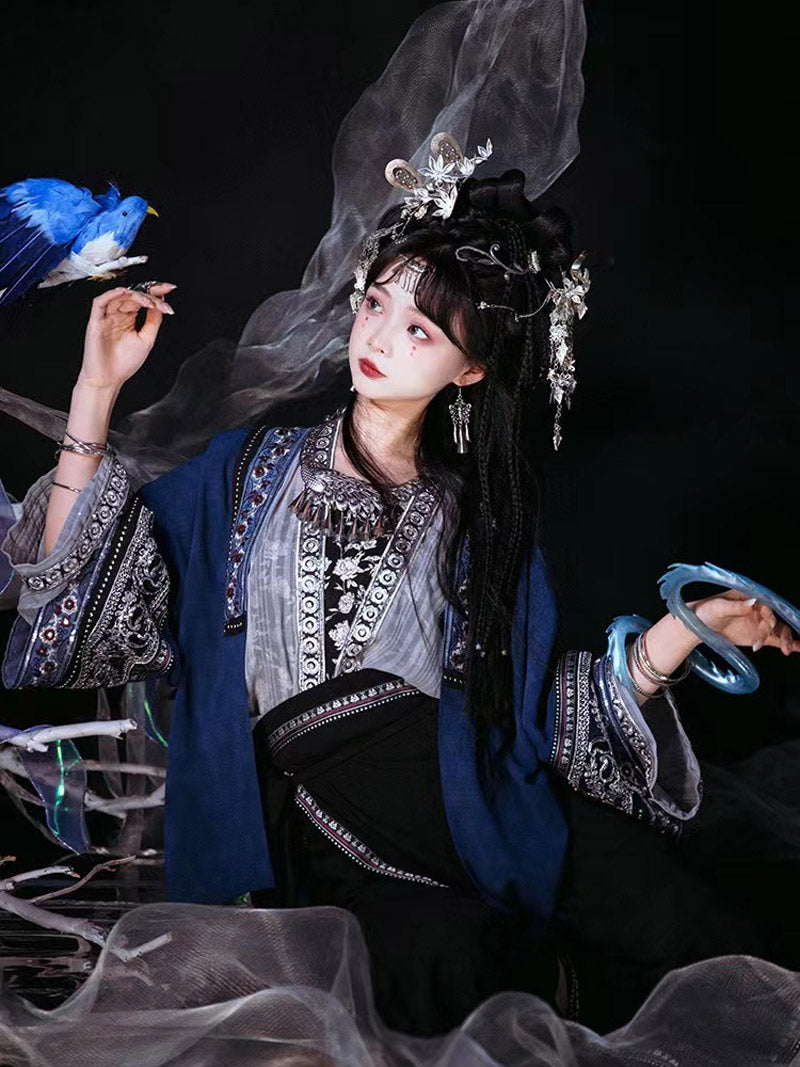 Miao Ethnic Minority Blue Embroidery Morden Hanfu Skirt Set-03