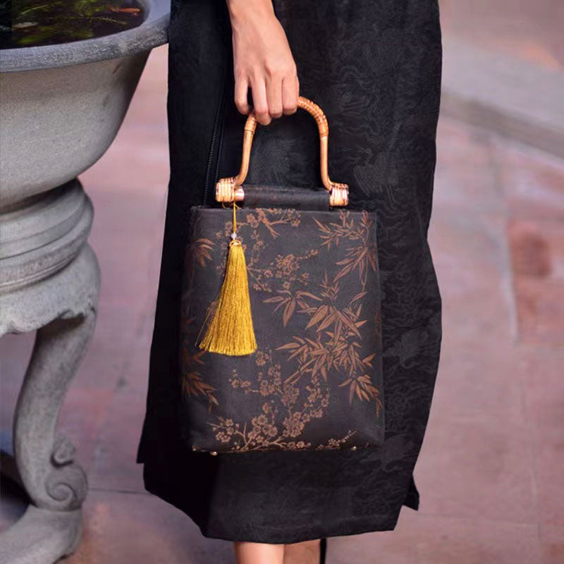 Sac fourre-tout avec poignée en bois fait à la main, style chinois rétro, imprimé bambou et prune