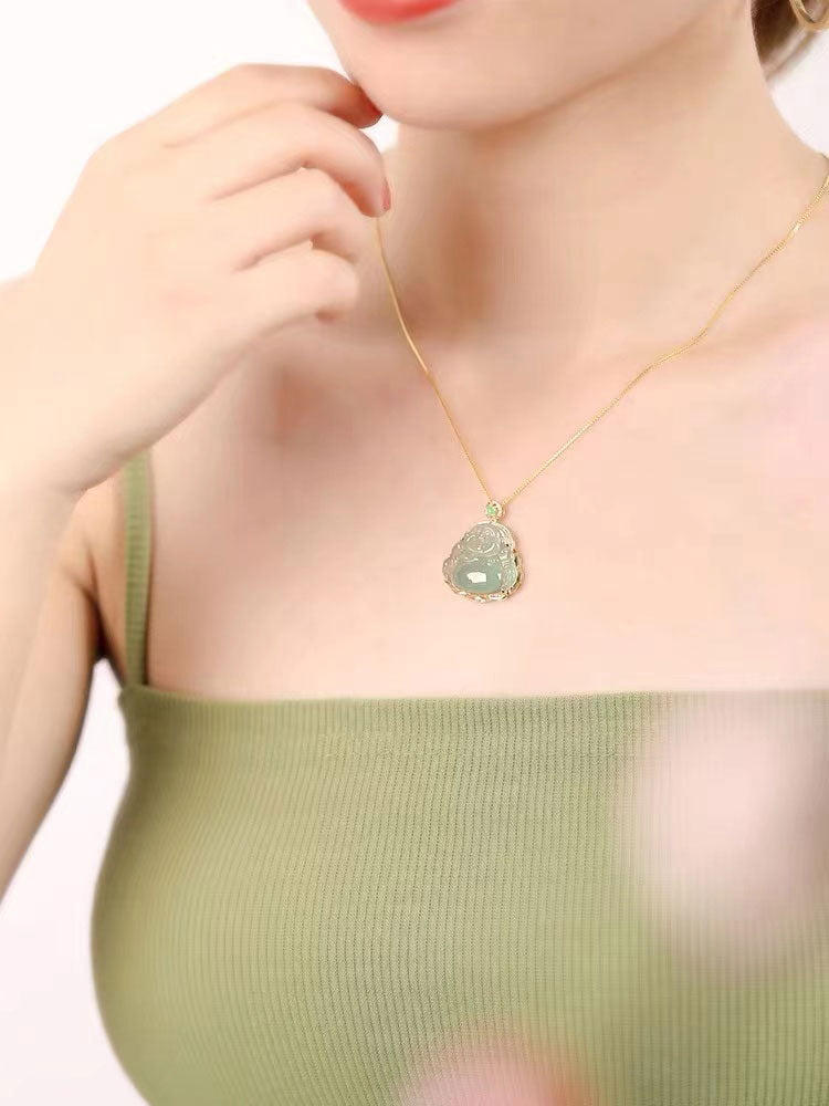 18K Gold Inlay Natural Ice Jadeite Jade Laughing Buddha「Happiness」Pendant Necklace for Men and Women-03