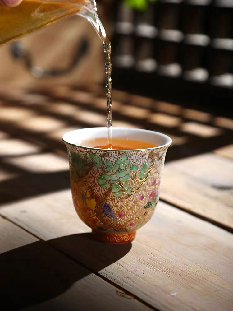 Retro Qing Dynasty Royal Style Cloisonné  Enamel Teacup with Magpie and Apricot Blossom