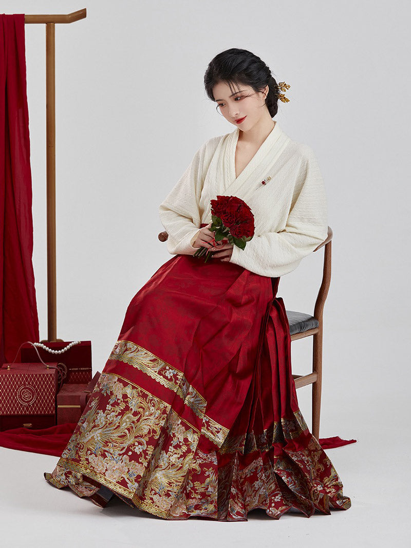 Vintage Chinese Style Phoenix and Peony Pattern Embroidery Mamianqun Hanfu Skirt-04