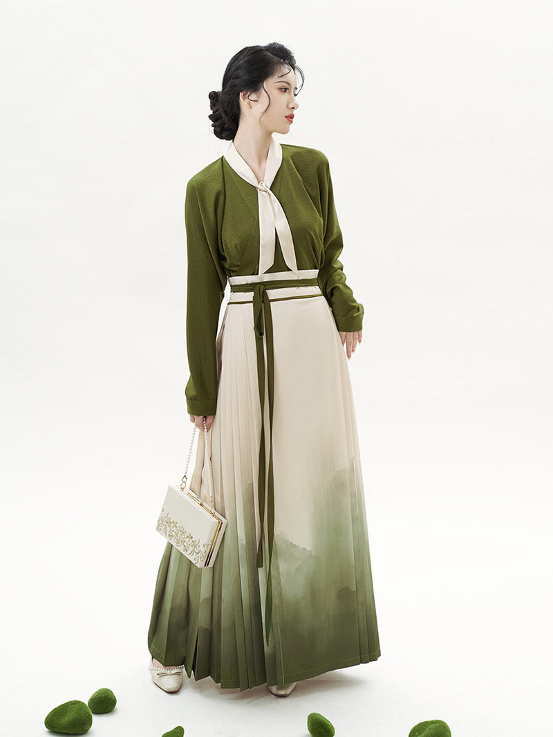 Matcha Green Chinese Style Artistic Landscape Painting Morden Hanfu Set Mamianqun Hanfu Skirt
