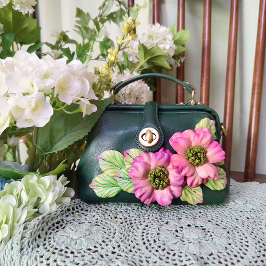 Sac à main décontracté en cuir vert foncé vintage avec grappes de fleurs faites à la main