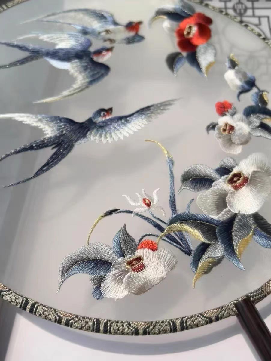 Ancient Chinese Landscape Painting - Spring Comes and Yan Returns Round Shaped Single Side Embroidered Beautiful Decorative Fan Chinese Gift-03