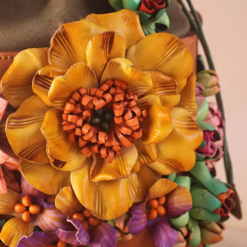 Vintage Three-Dimensional Flower Cluster Style Pure Handmade Cowhide Artistic Ladies Flowers Handbag Bucket Bag