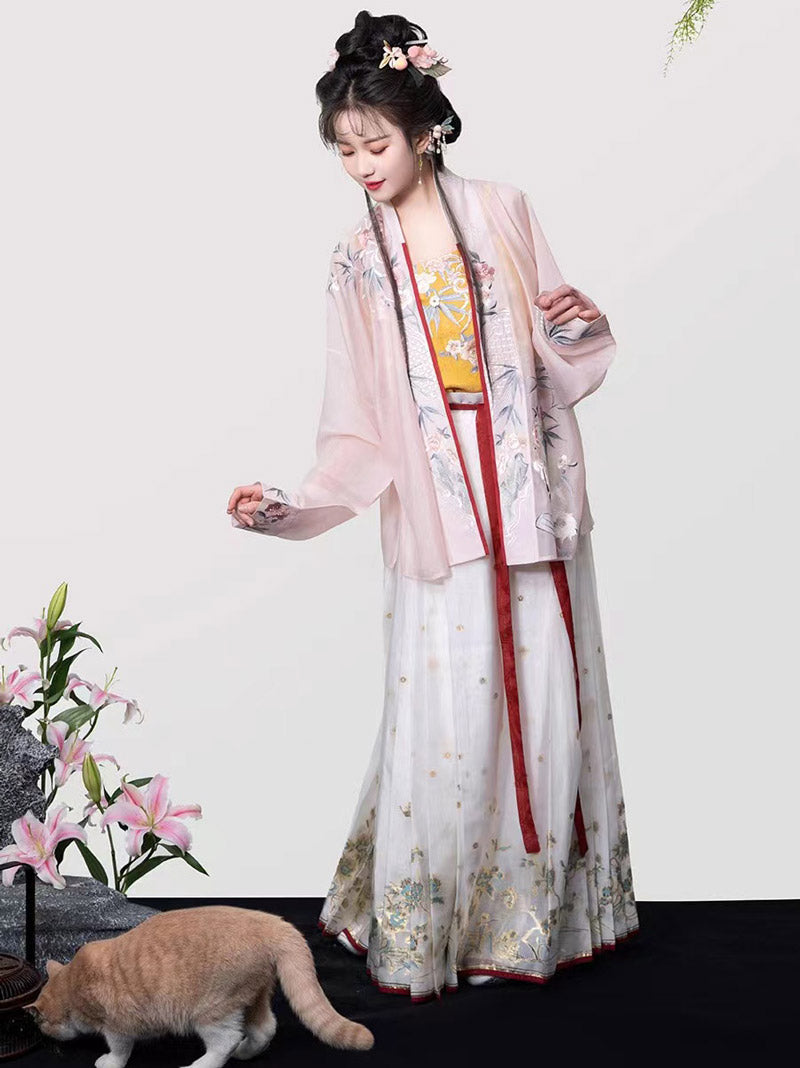 Feuilles de bambou, fleurs et broderie de chat, ensemble Hanfu rose décontracté