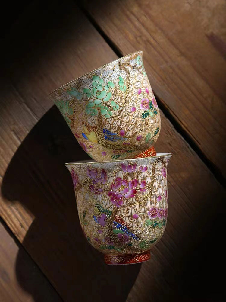 Retro Qing Dynasty Royal Style Cloisonné  Enamel Teacup with Magpie and Apricot Blossom