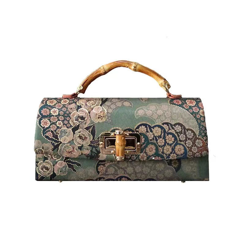 Roses vertes vintage faites à la main et fleurs Poignée en bambou Pochette en soie