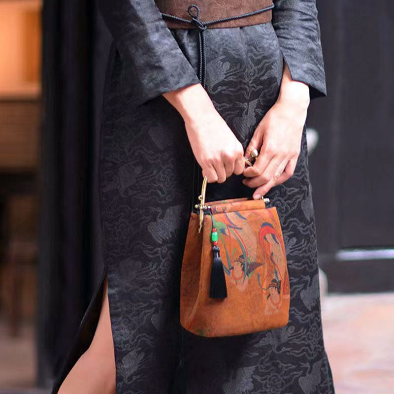Vintage Chinese Style Retro Brown Feitian Flying Apsaras Silk Handbag with Tassel Charm-05