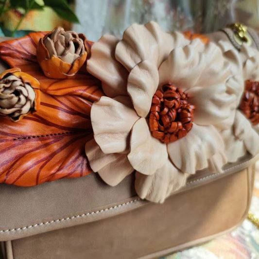 Sac messager en cuir fait à la main avec grappes de fleurs vintage pour femme