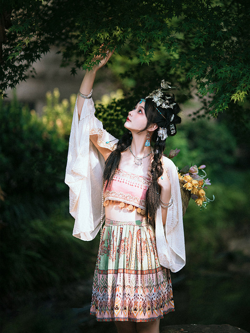 Girl Picking Water Chestnut in the River - Morden Miao Ethnic Minority Hanfu Skirt Set-03