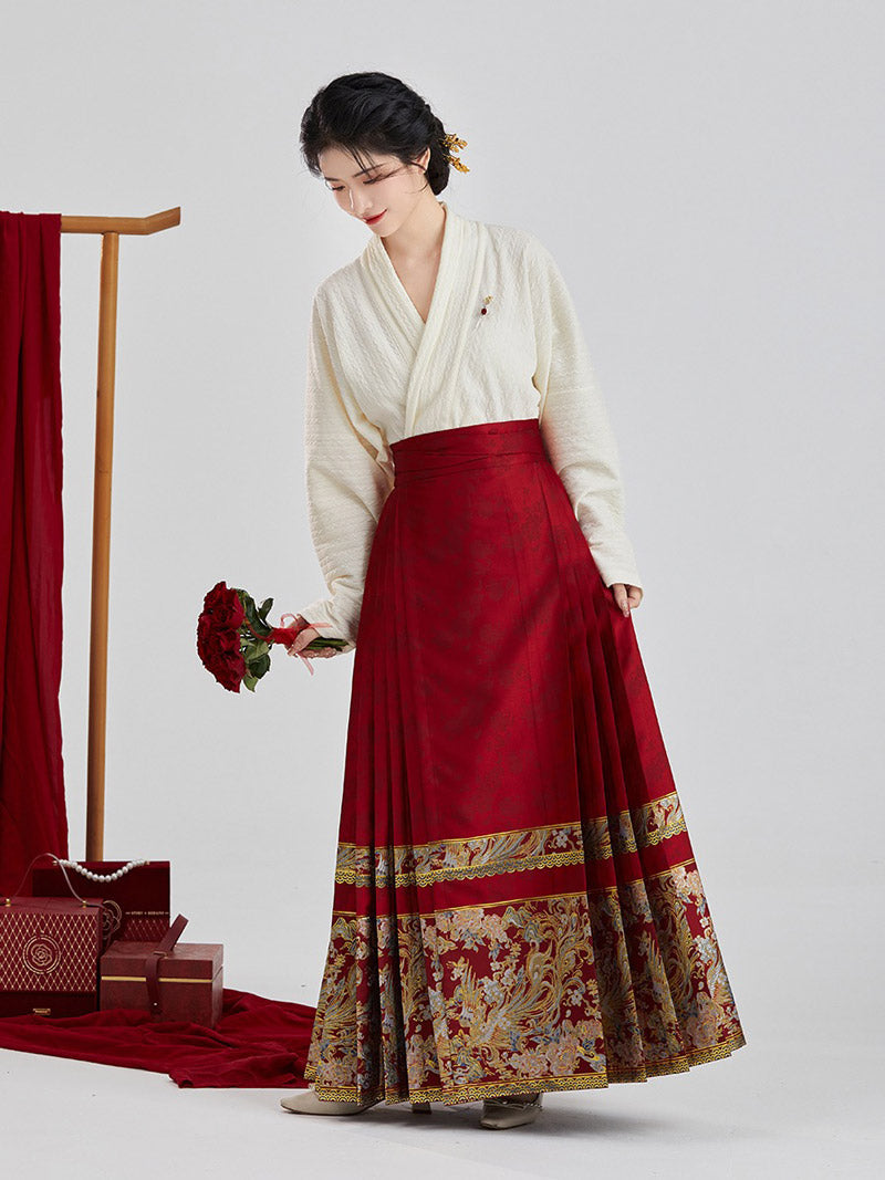 Vintage Chinese Style Phoenix and Peony Pattern Embroidery Mamianqun Hanfu Skirt-05