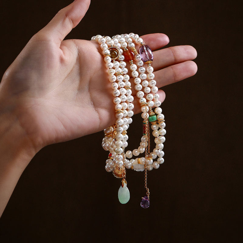 Exclusive Design Chinese Style Vintage Pearl Necklace with Fine Jade Tourmaline Gems-03