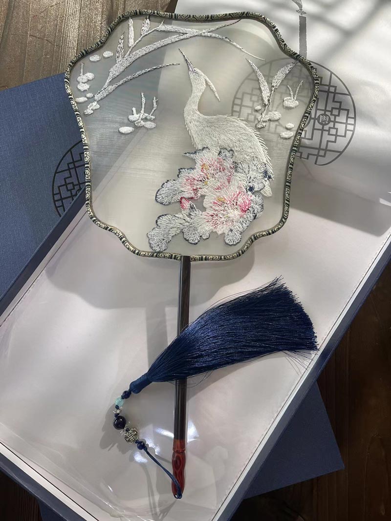 Heron Singing Among The Blooming Peonies - Traditional Chinese Fashion Single Side Embroidered Decorative Fan-06