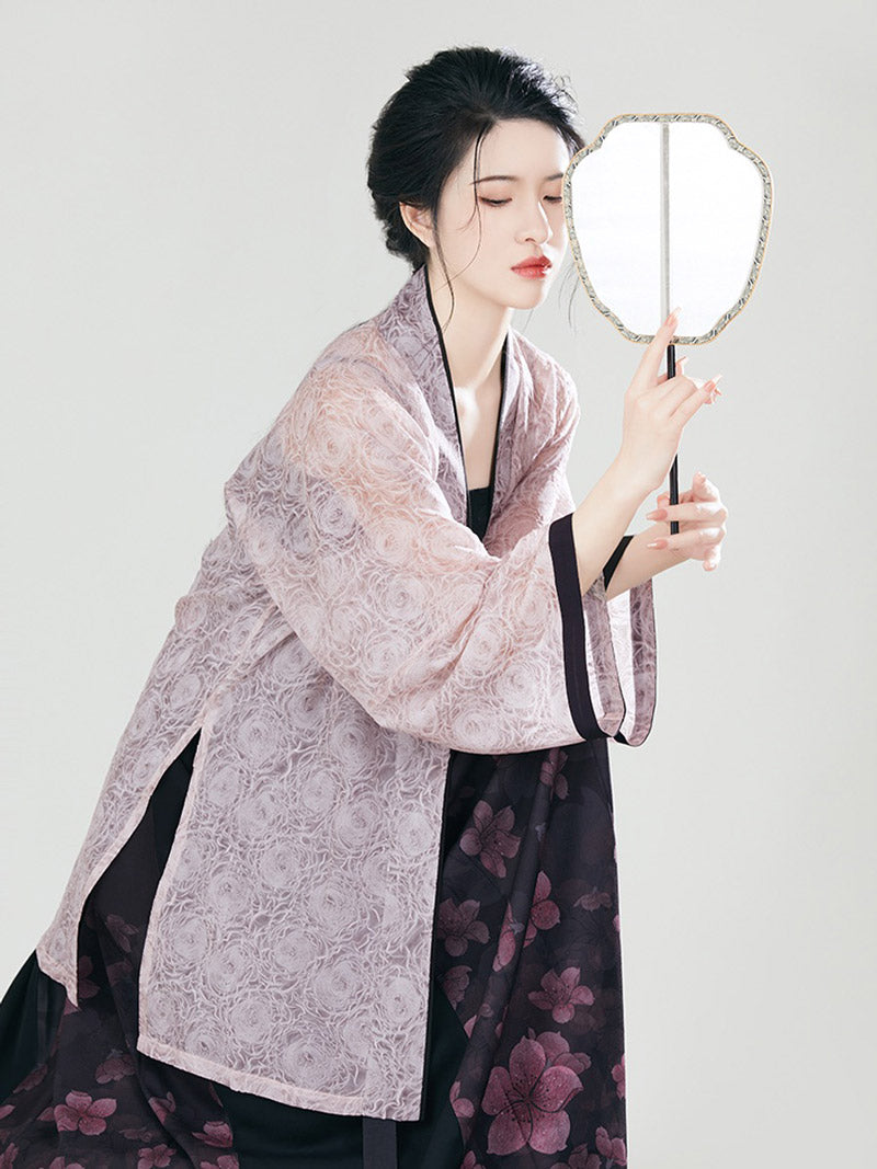 Song Style Pink and Black Morden Chinese Hanfu Set Peach Blossom Floral Print Skirt Set-05