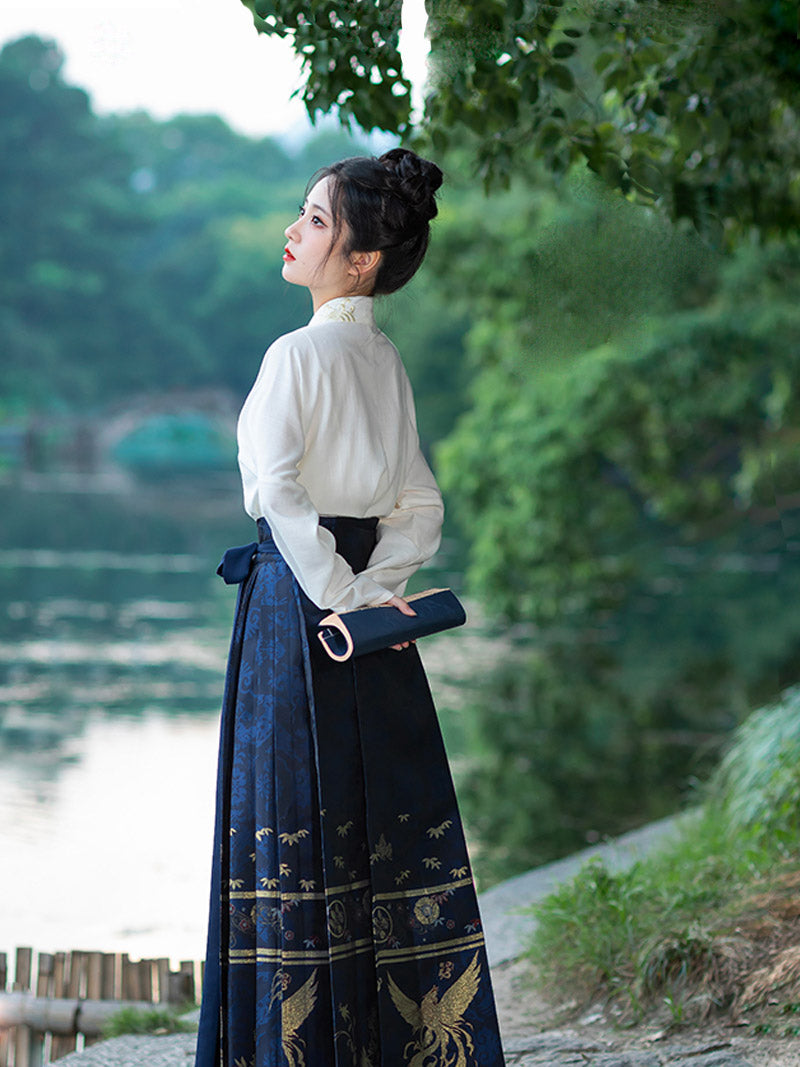 Woven Gold Phoenix and Xiangyun Floral Yarn-dyed Jacquard Cloth Horse Face Skirt Morden Hanfu Mamianqun-03