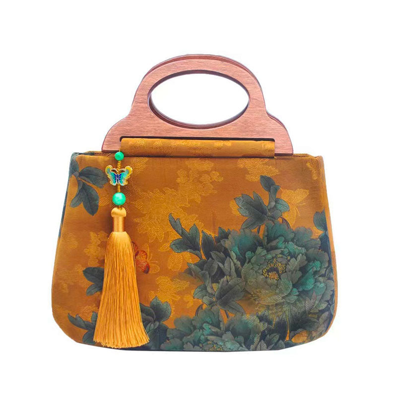Papillon et fleur de pivoine de style chinois rétro「蝶恋花」Sac à main en soie avec poignée en bois