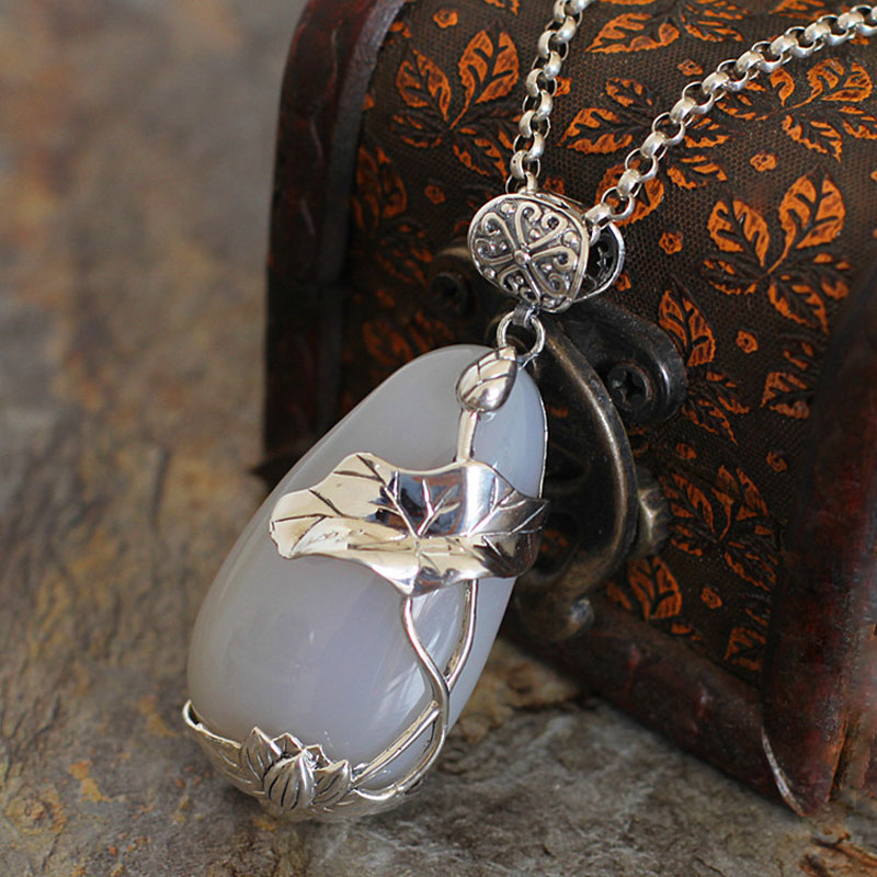 Vintage Silve Filigree Lotus and Koi Fish Chalcedony Inlay Pendant Necklace-03