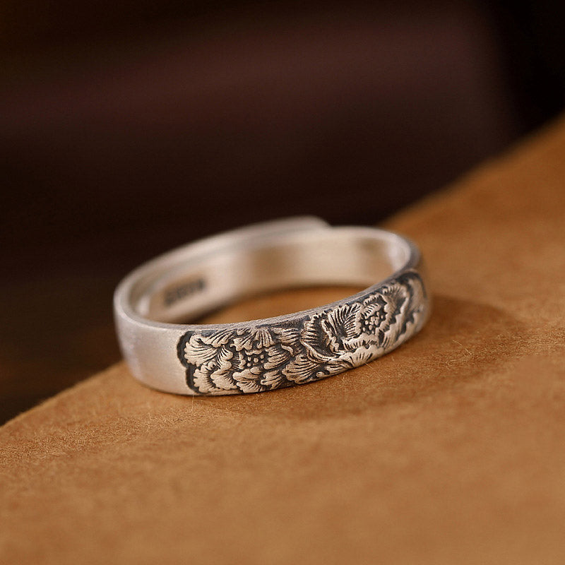 Exclusive Design 999 Sterling Silver Vintage Chinese Blooming Peony「Wealth and Good Fortune」Adjustable Ring-05