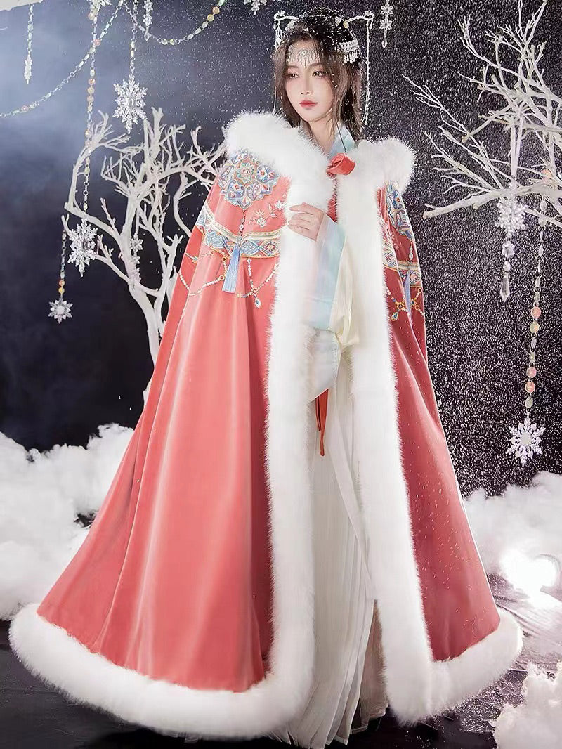 Bluedail Dunhuang Caisson Pattern Embroidery Fall and Winter Long Fleece Hooded Warm Cloak with Artificial Large Fur Collar-05