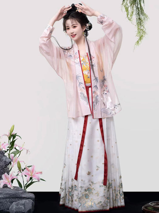 Feuilles de bambou, fleurs et broderie de chat, ensemble Hanfu rose décontracté