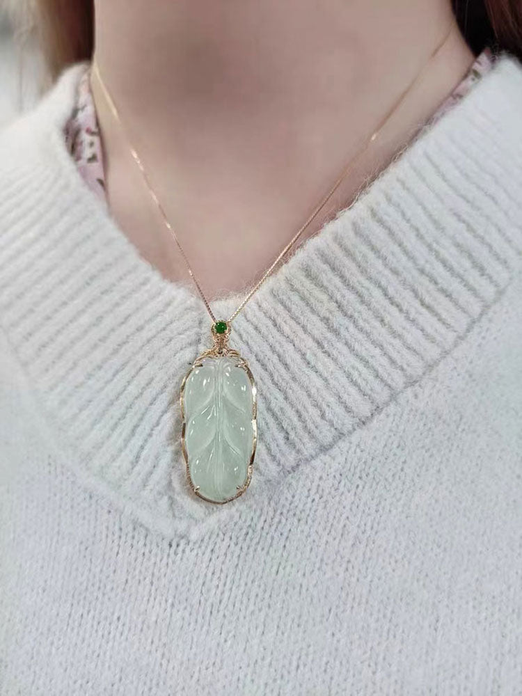 18K Gold Inlay Natural Ice Jadeite Jade Chinese「Jin Zhi Yu Ye」Golden Branch and Jade Leave Pendant Necklace-05