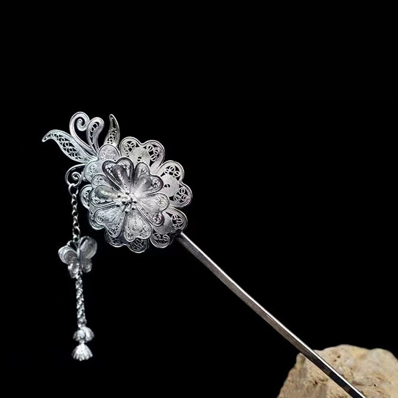 Épingle à cheveux en filigrane à double fleur en argent sterling 999 de style chinois vintage fabriquée à la main avec pompon papillon et bourgeons